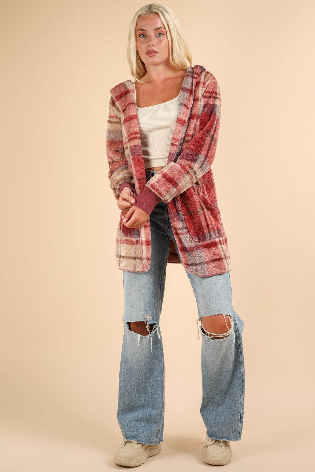 VERY J Fuzzy Plaid Long Sleeve Hooded Jacket - Delanoir