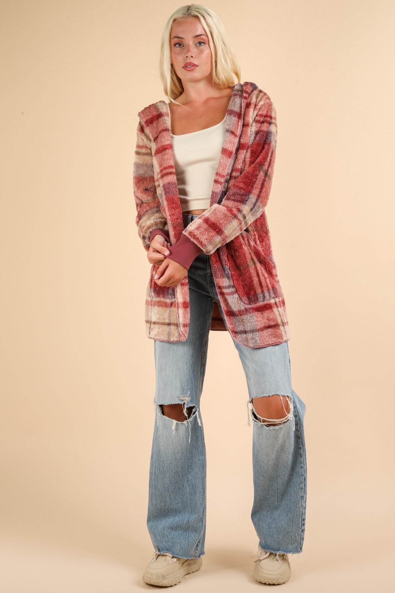 VERY J Fuzzy Plaid Long Sleeve Hooded Jacket - Delanoir