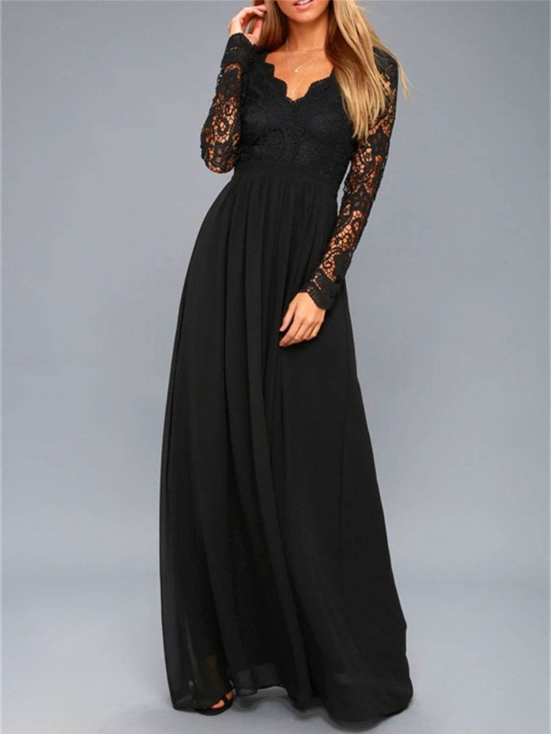 Lace Detail Backless Long Sleeve Maxi Dress - Delanoir