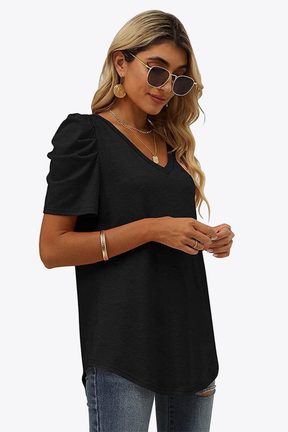 V-Neck Puff Sleeve Tee - Delanoir