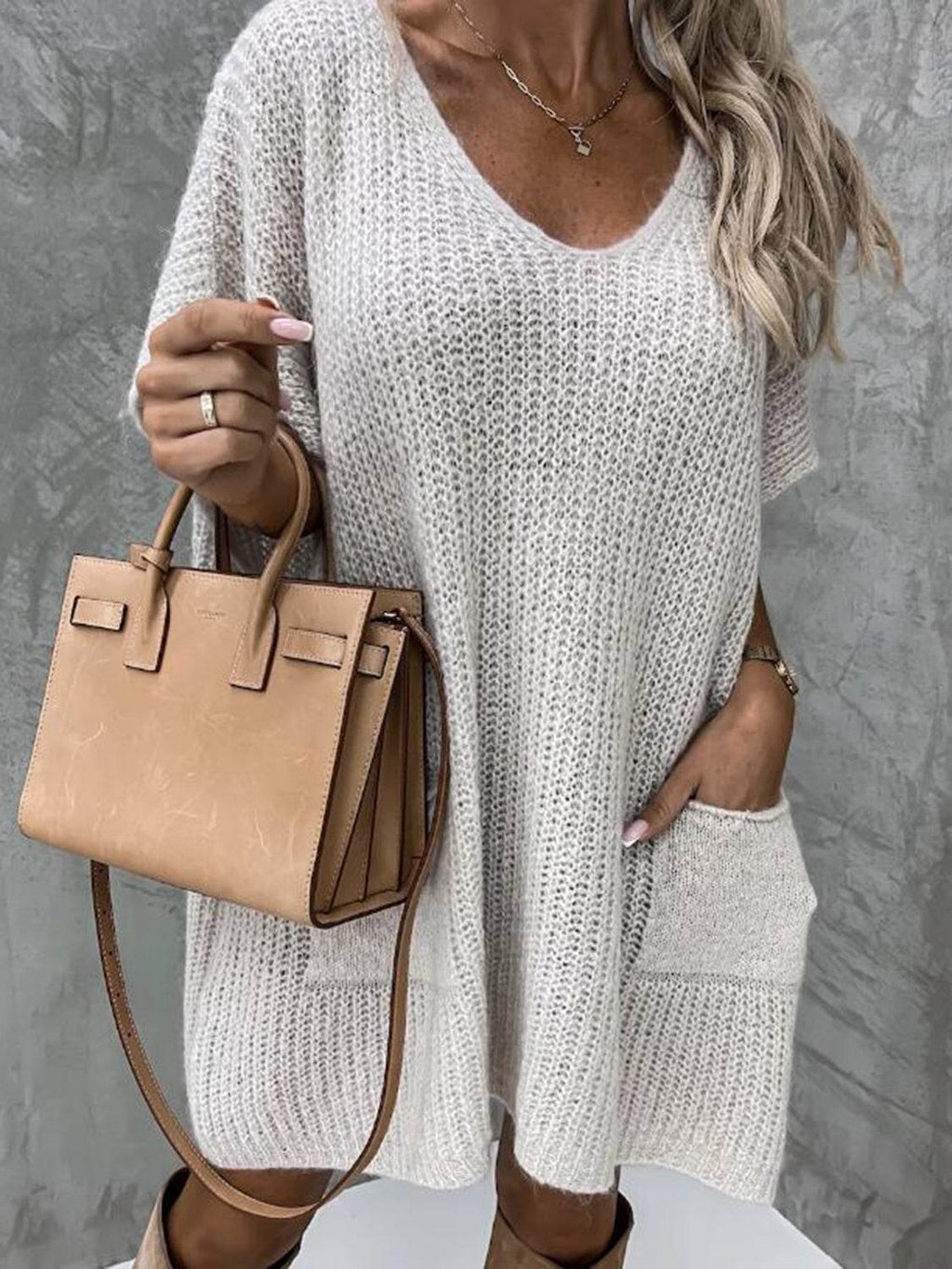 Short Sleeve Sweater Dress with Pockets - Delanoir