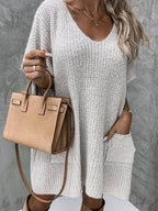 Short Sleeve Sweater Dress with Pockets - Delanoir