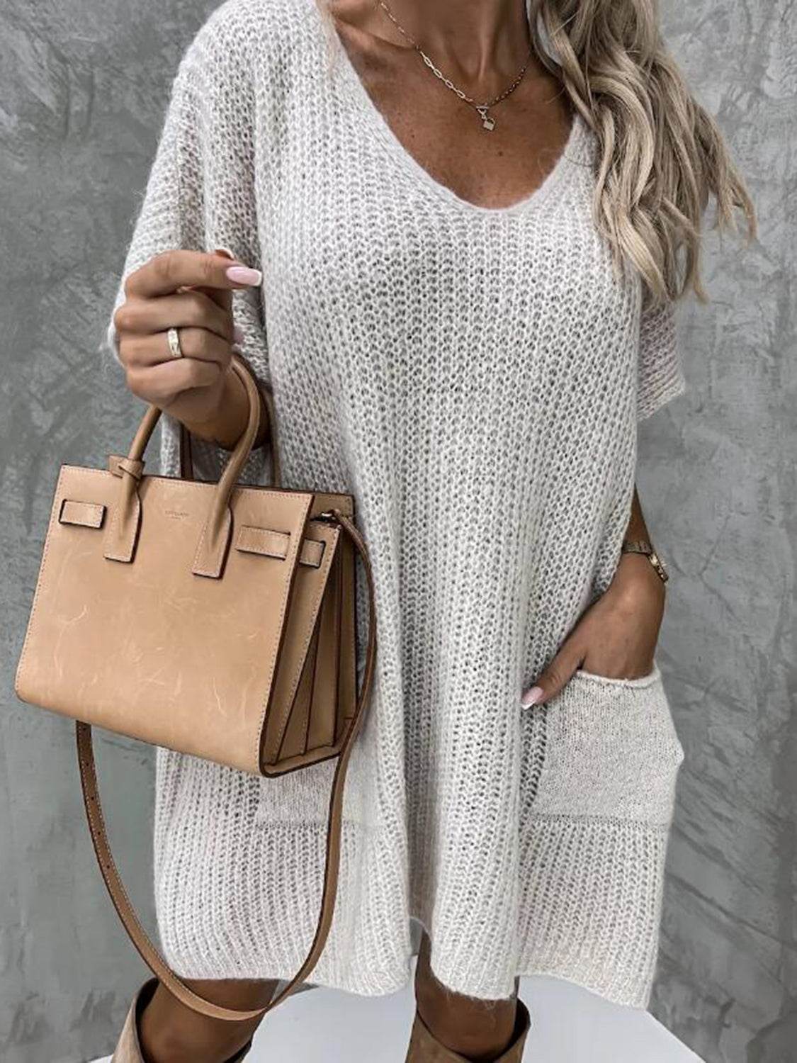 Short Sleeve Sweater Dress with Pockets - Delanoir
