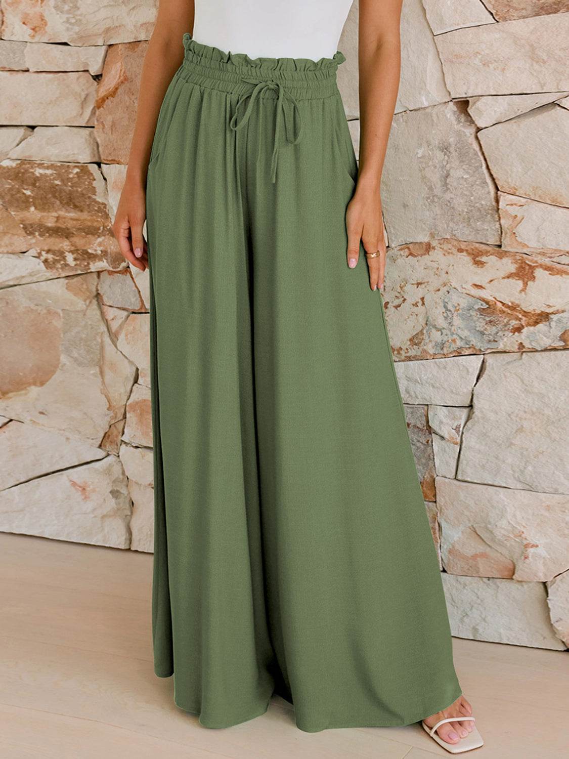 Drawstring Wide Leg Pants with Pockets - Delanoir
