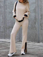 Contrast Round Neck Long Sleeve Top and Bootcut Pants Set - Delanoir