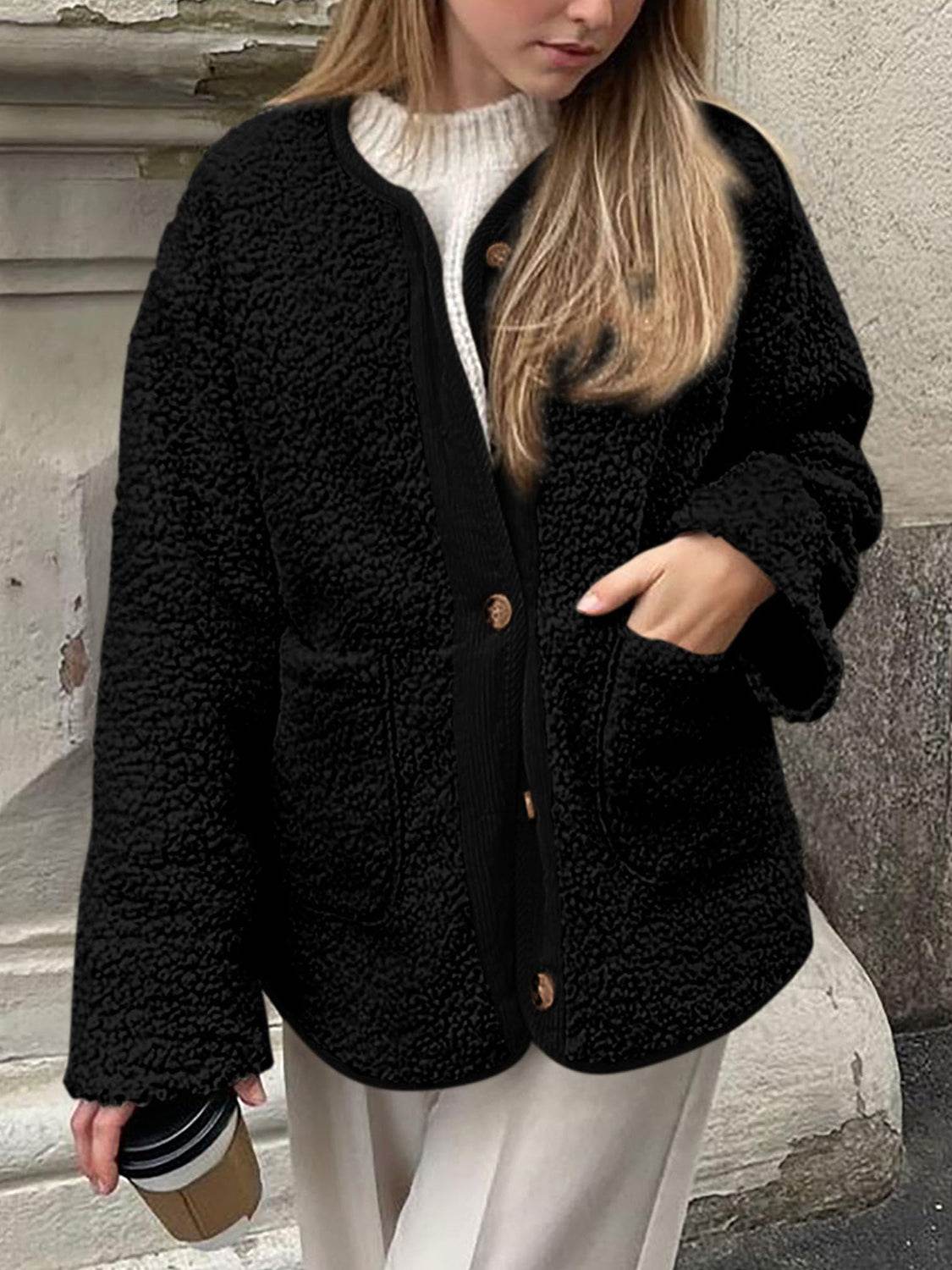 Contrast Button Up Sherpa Jacket with Pockets - Delanoir