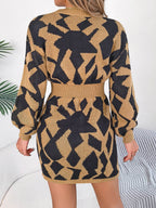 Contrast Round Neck Cutout Long Sleeve Mini Sweater Dress - Delanoir