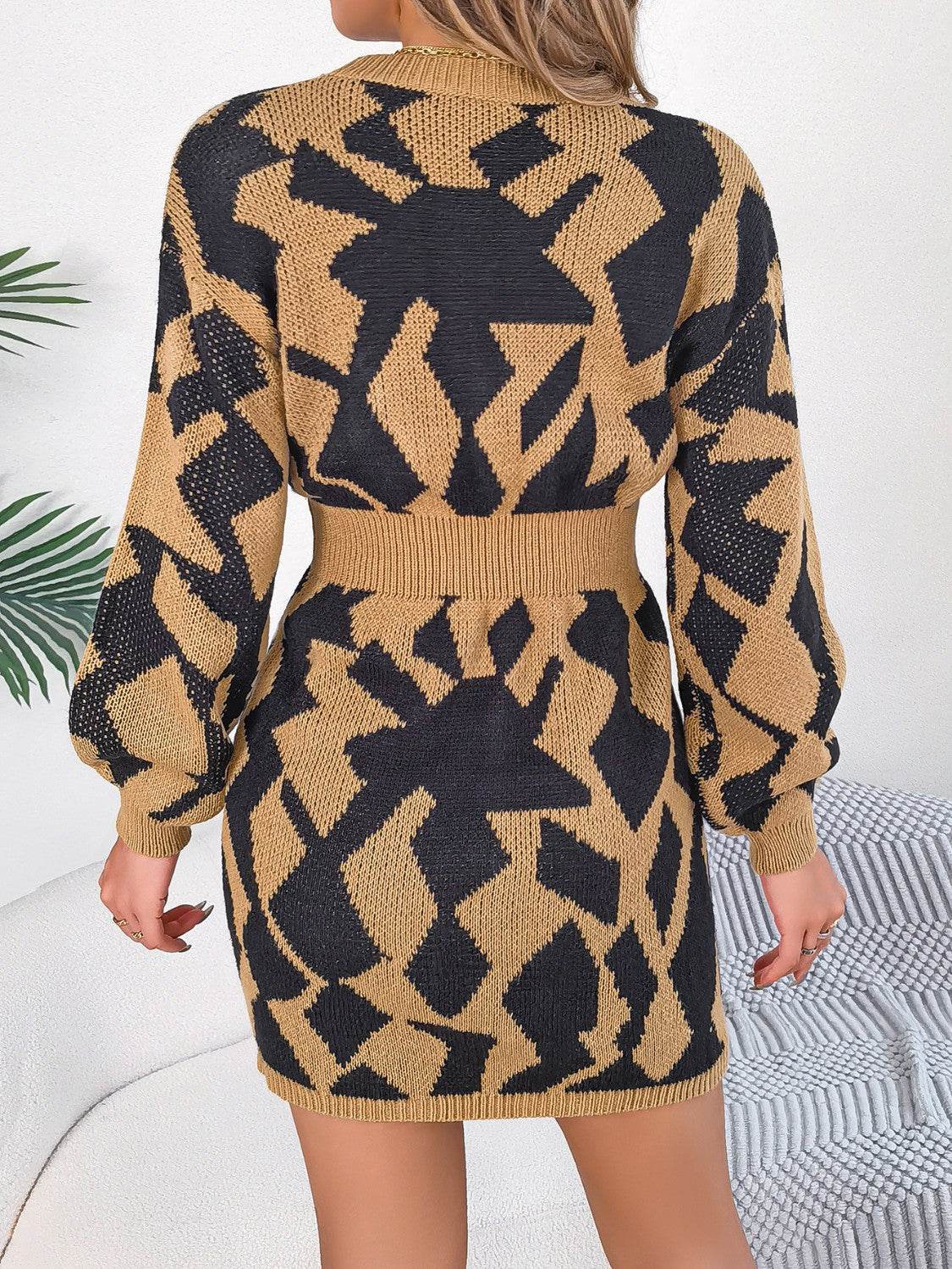 Contrast Round Neck Cutout Long Sleeve Mini Sweater Dress - Delanoir