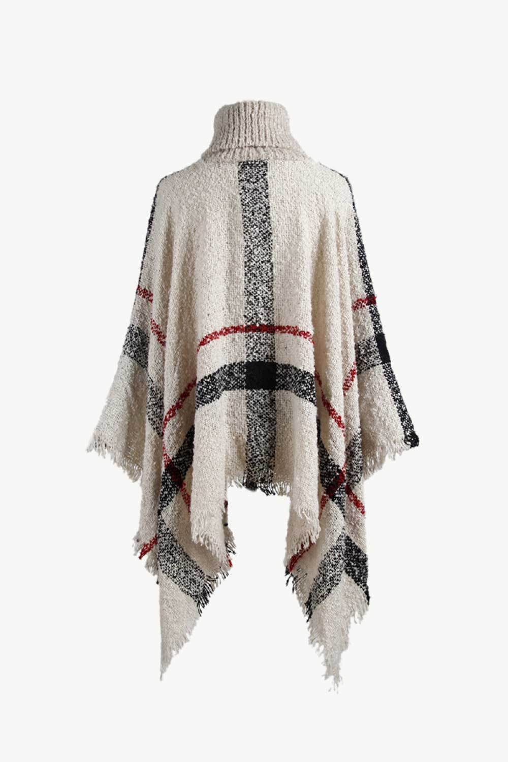 Plaid Turtleneck Raw Hem Poncho - Delanoir