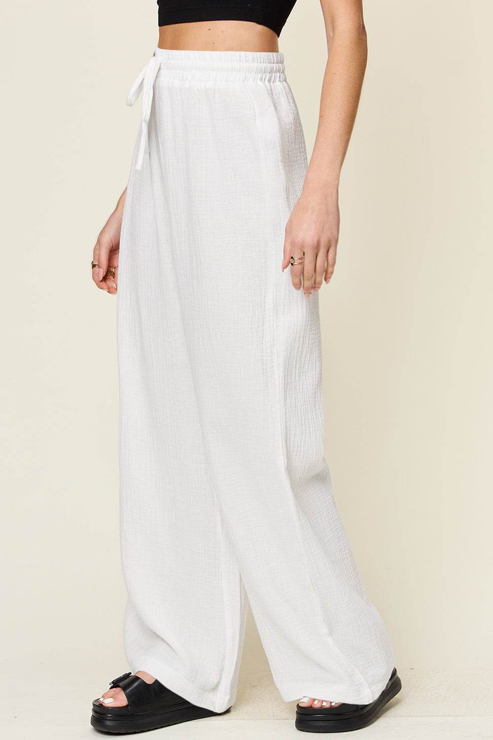 Double Take Full Size Texture Drawstring Wide Leg Pants - Delanoir