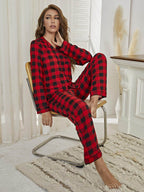 Plaid Collared Neck Long Sleeve Top and Pants Lounge Set - Delanoir