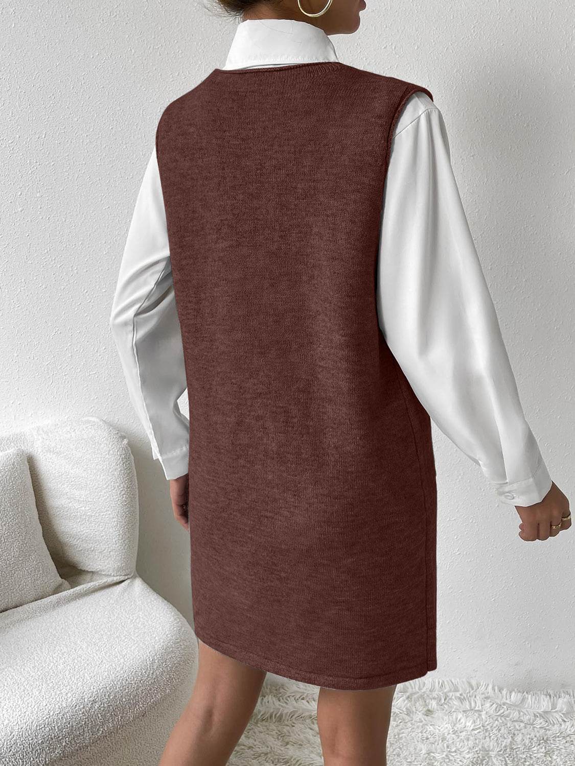 V-Neck Sleeveless Sweater Dress with Pockets - Delanoir