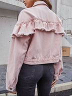 Ruffled Collared Neck Long Sleeve Denim Top - Delanoir