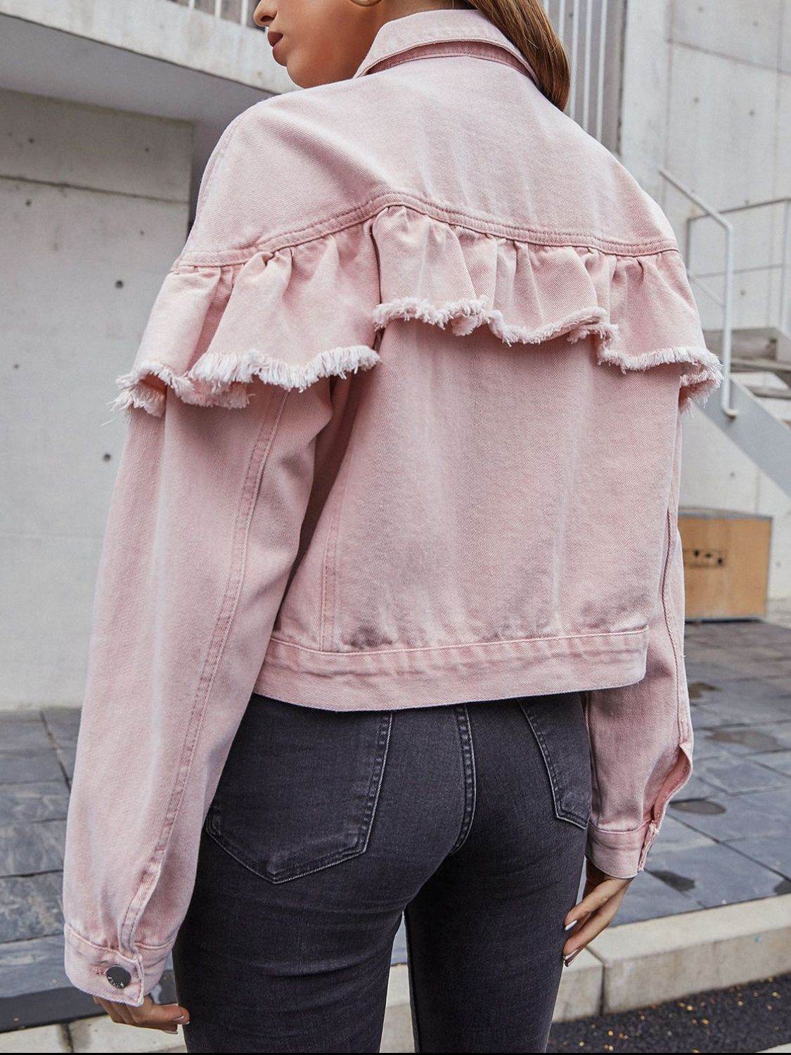 Ruffled Collared Neck Long Sleeve Denim Top - Delanoir