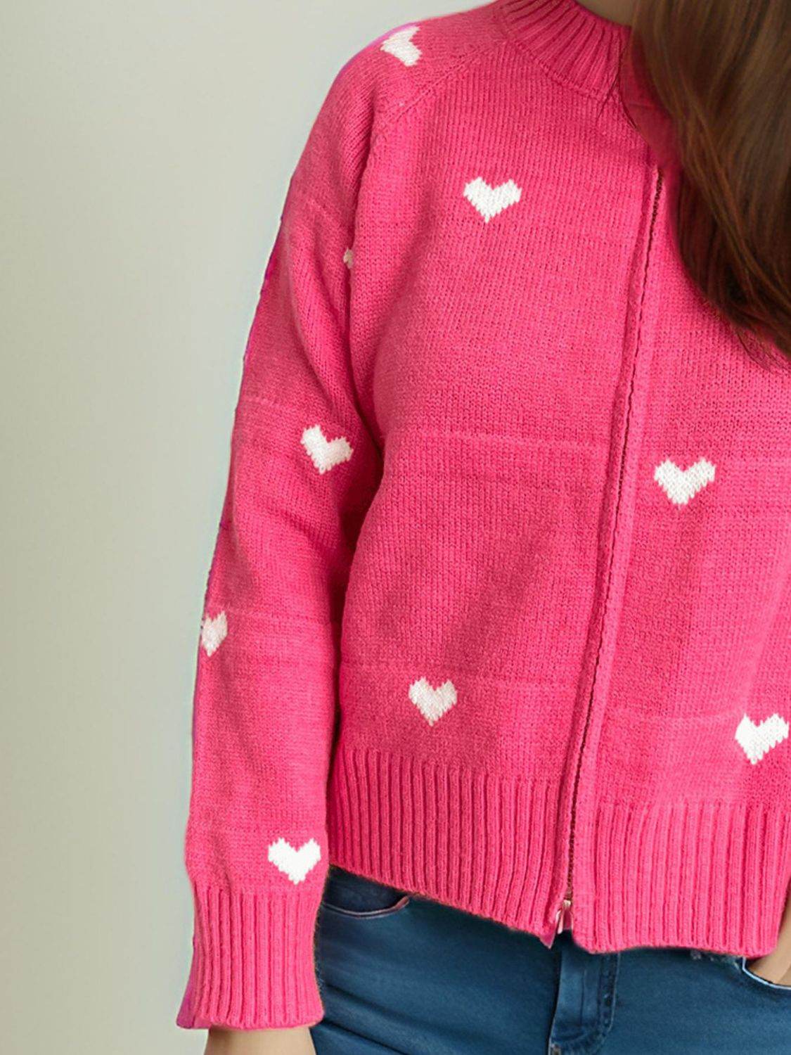 Heart Round Neck Zip Up Cardigan - Delanoir