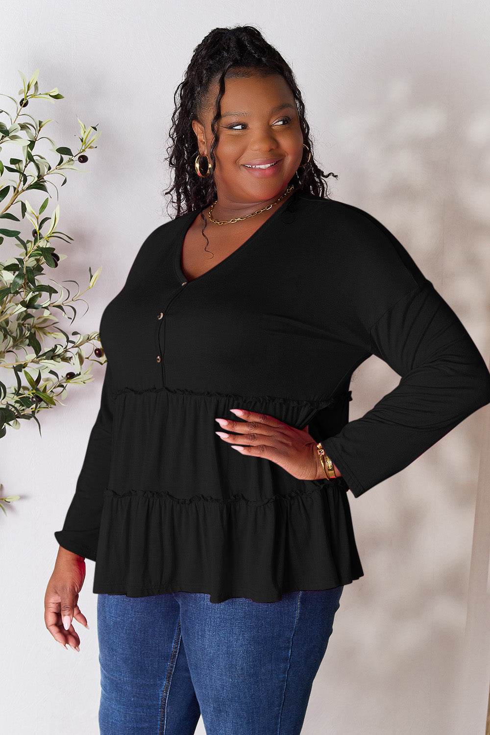 Double Take Half Button Long Sleeve Ruffle Hem Blouse - Delanoir