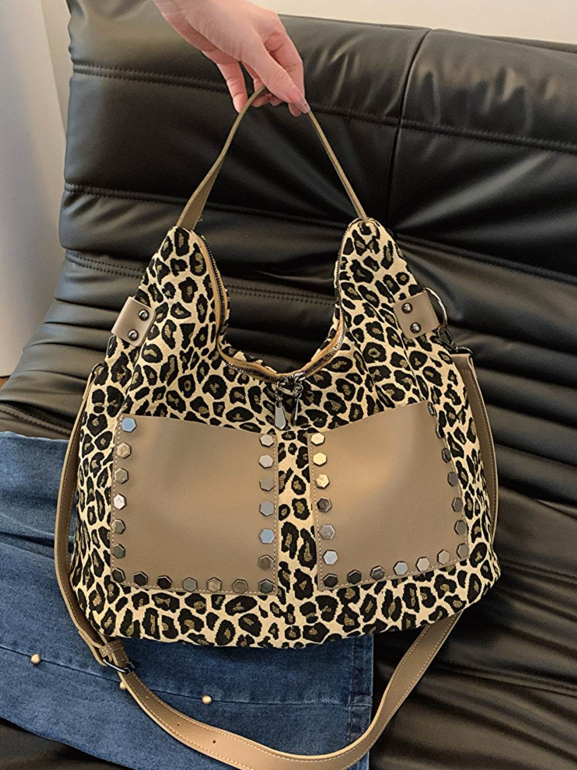 Leopard Polyester Shoulder Bag with Zippers - Delanoir