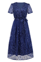 Sequin Leaf Embroidery Tie Front Short Sleeve Dress - Delanoir