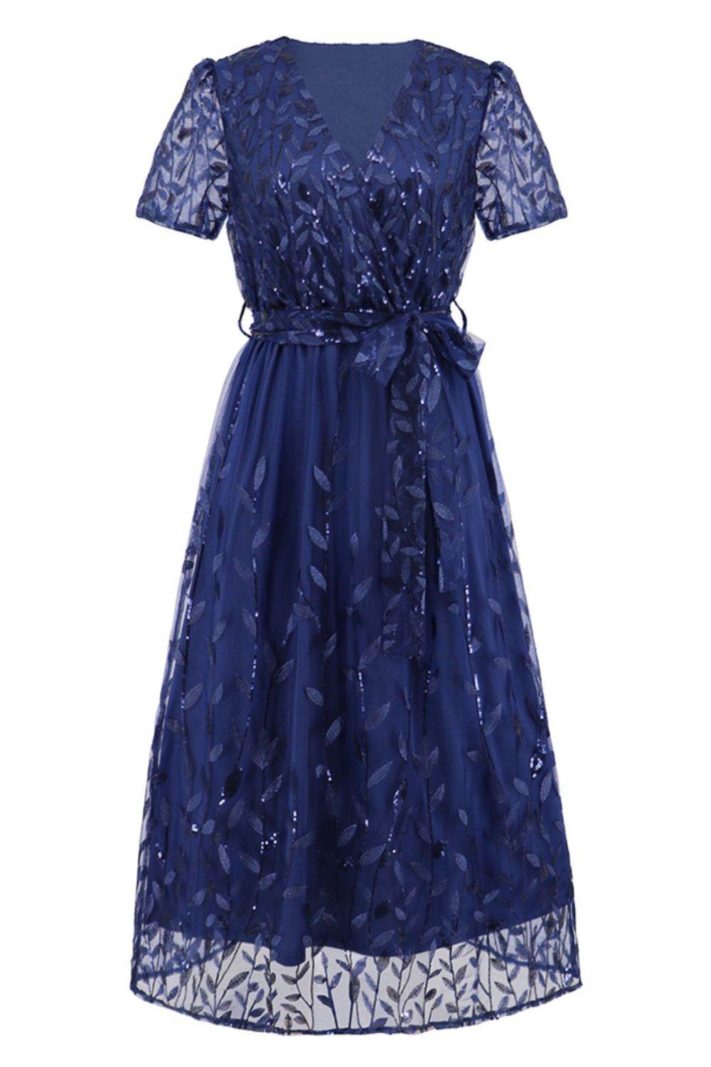 Sequin Leaf Embroidery Tie Front Short Sleeve Dress - Delanoir