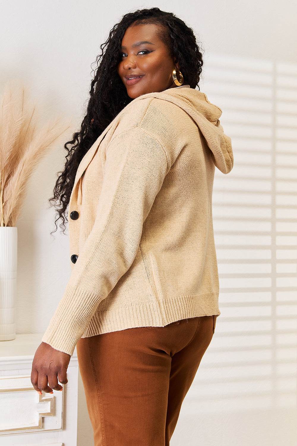 Woven Right Button-Down Long Sleeve Hooded Sweater - Delanoir
