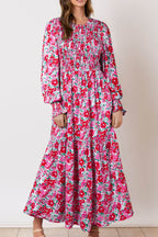 Printed Round Neck Lantern Sleeve Maxi Dress - Delanoir