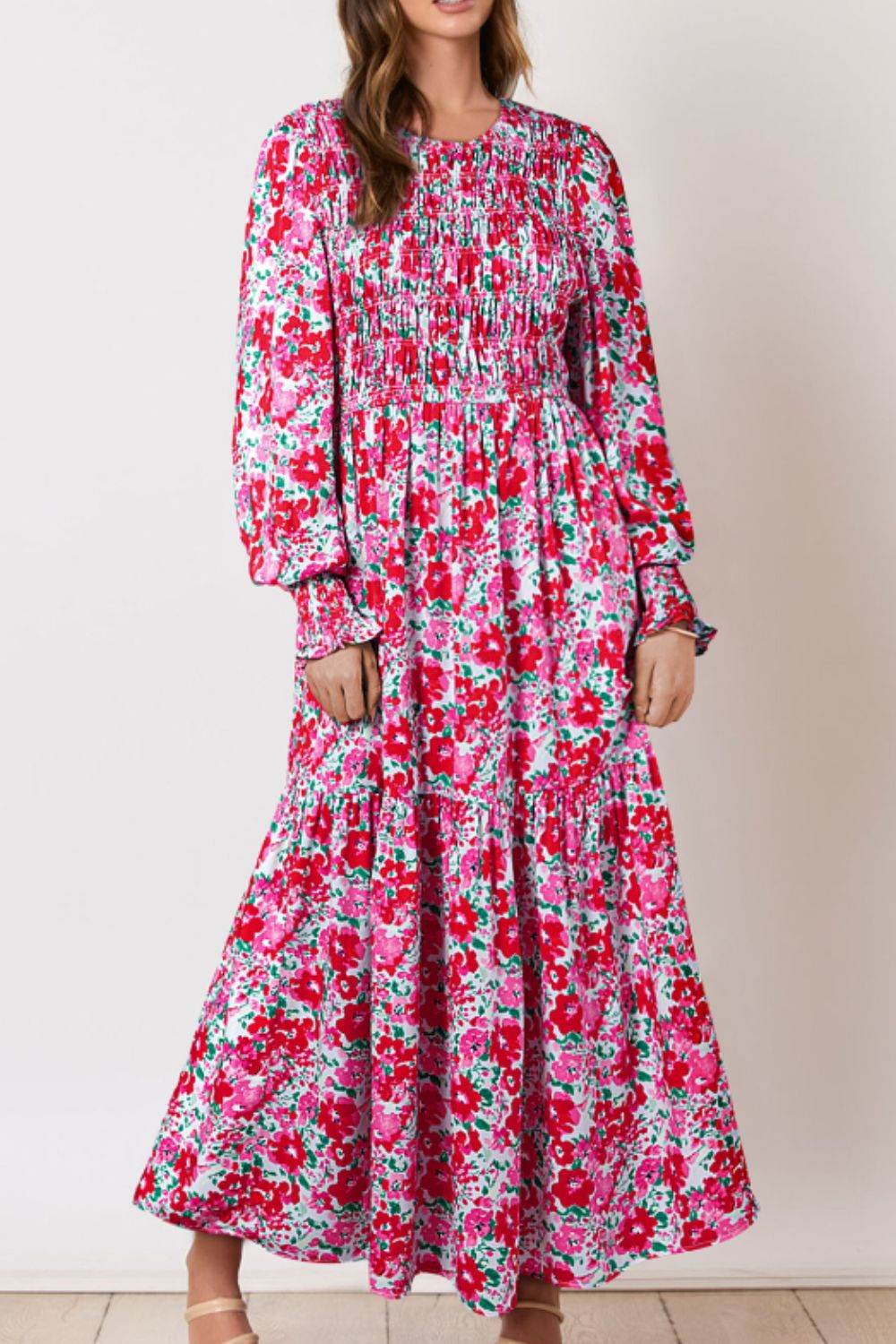 Printed Round Neck Lantern Sleeve Maxi Dress - Delanoir