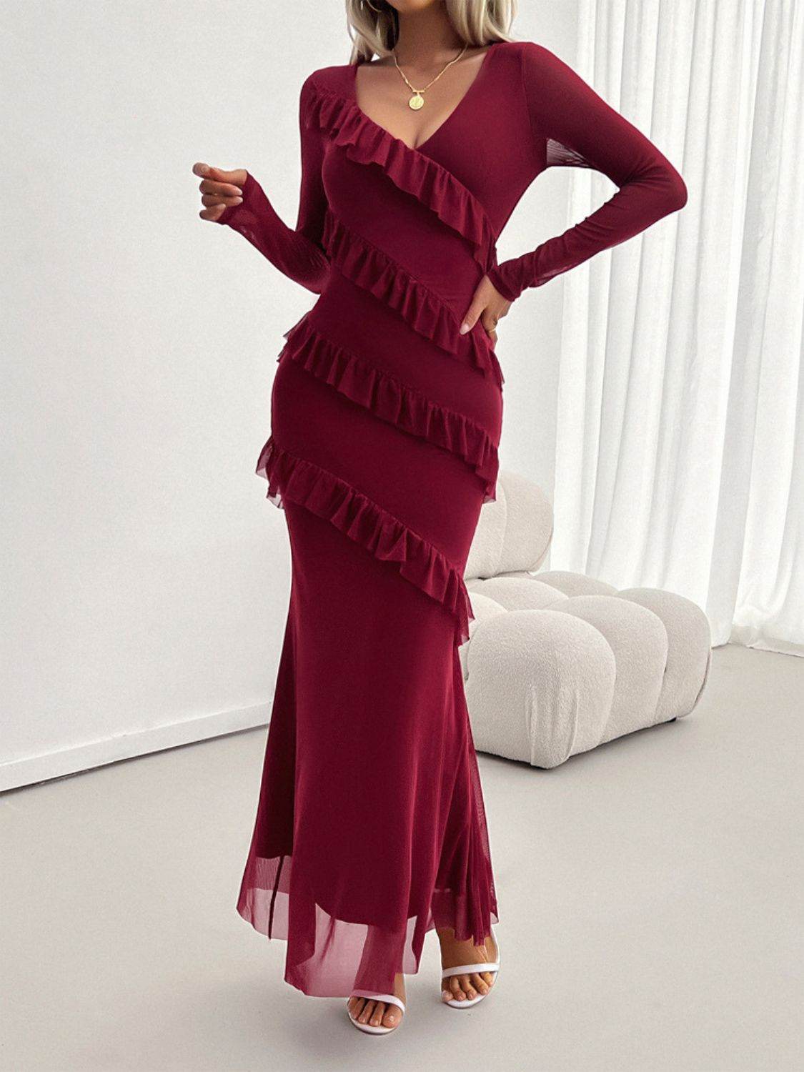Devine Ruffled Surplice Long Sleeve Maxi Dress - Delanoir