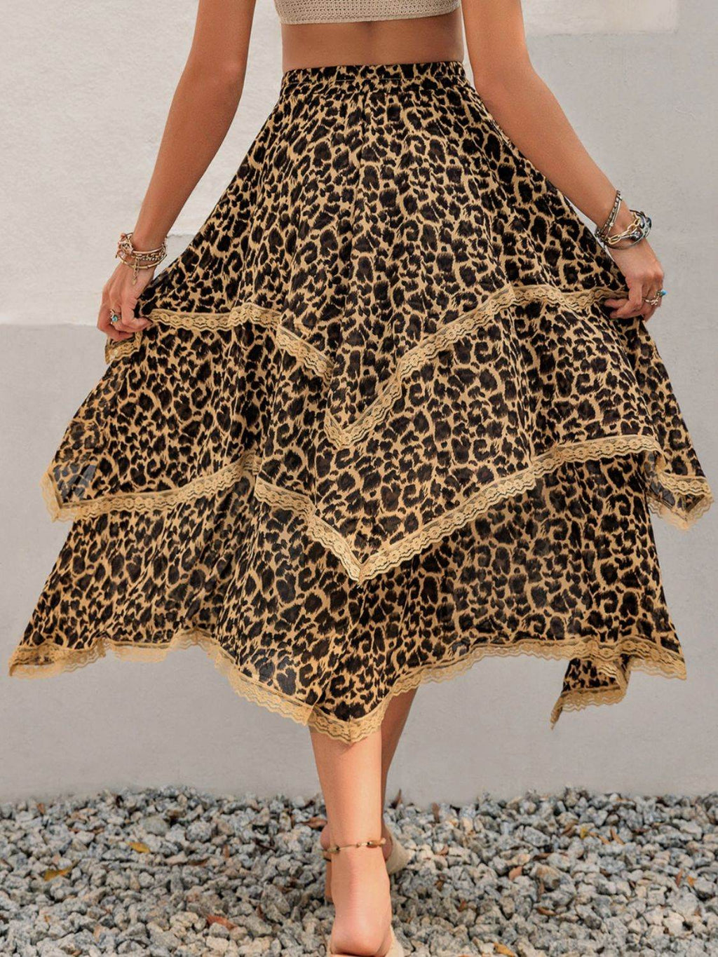 Lace Detail Layered Printed Skirt - Delanoir
