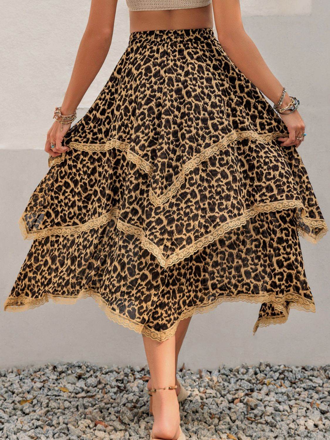 Lace Detail Layered Printed Skirt - Delanoir