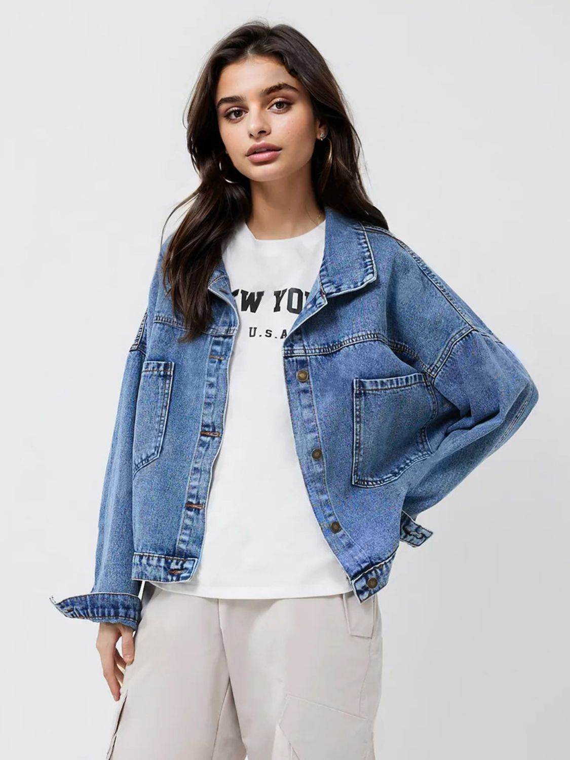 Pocketed Button Up Long Sleeve Denim Top - Delanoir
