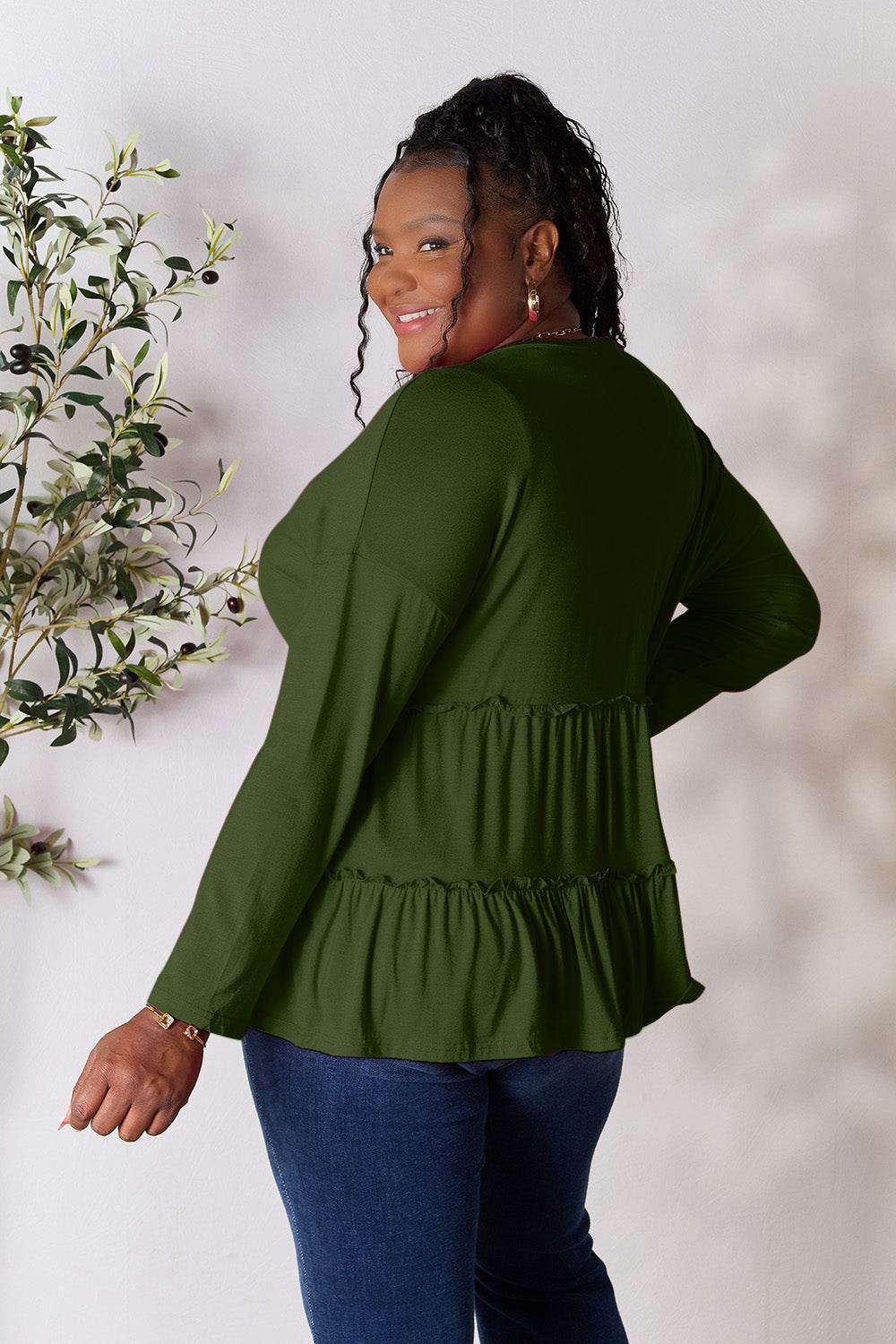 Double Take Half Button Long Sleeve Ruffle Hem Blouse - Delanoir