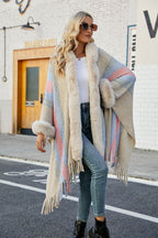 Color Block Fringe Detail Poncho - Delanoir