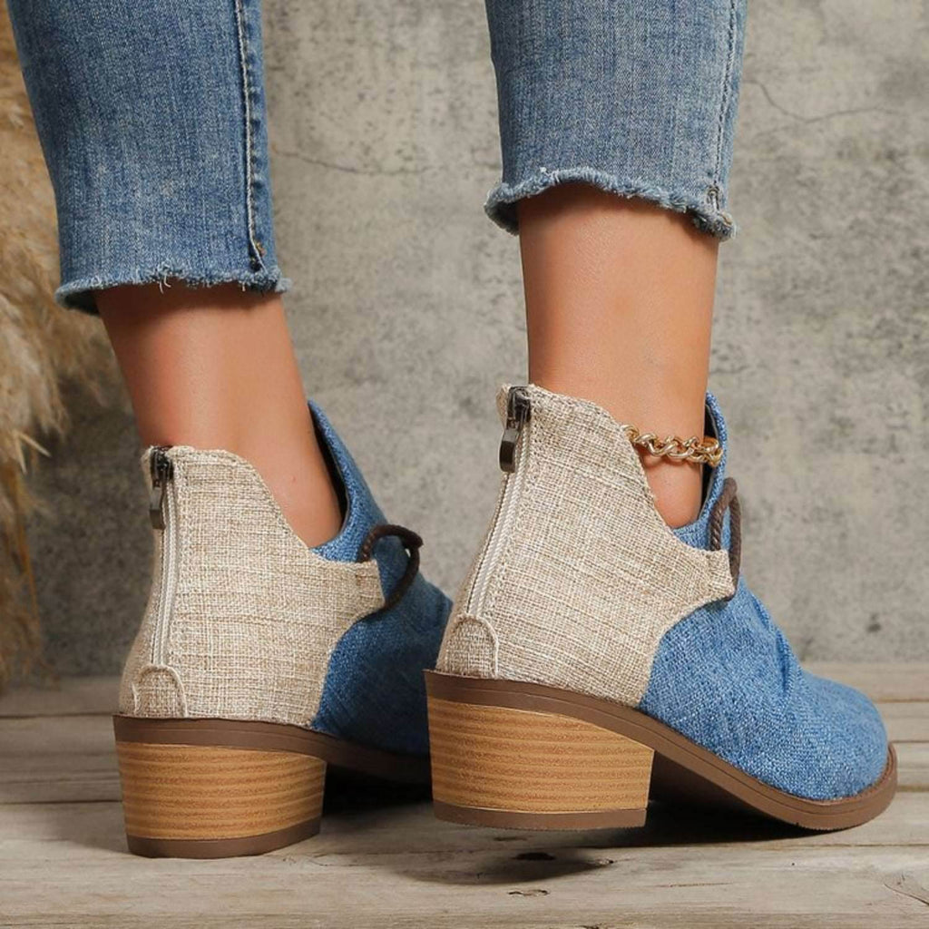 Contrast Canvas Low Heel Boots - Delanoir