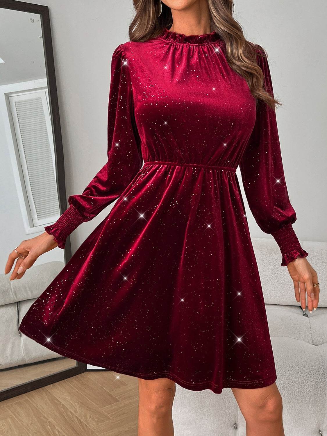 Glitter Mock Neck Long Sleeve Mini Dress - Delanoir