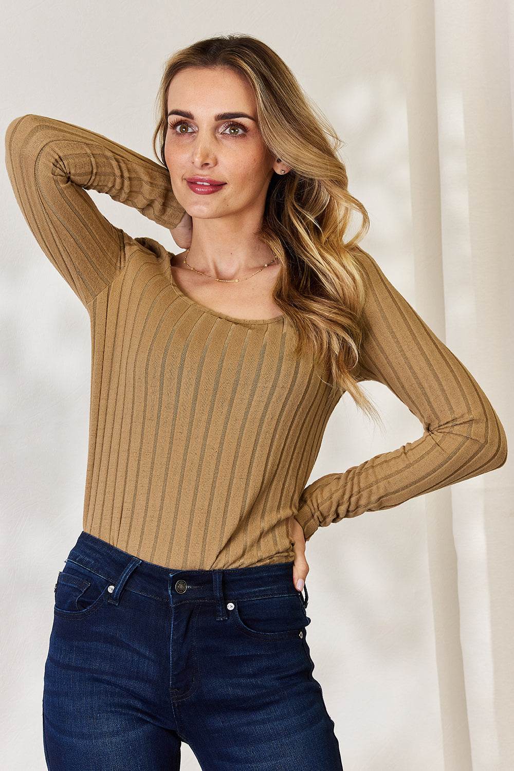 Basic Bae Full Size Ribbed Long Sleeve T-Shirt - Delanoir