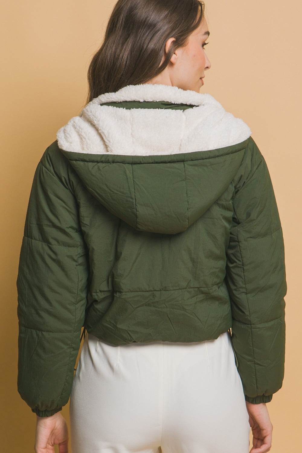 Love Tree Zip Up Cropped Hooded Sherpa Reversible Jacket - Delanoir