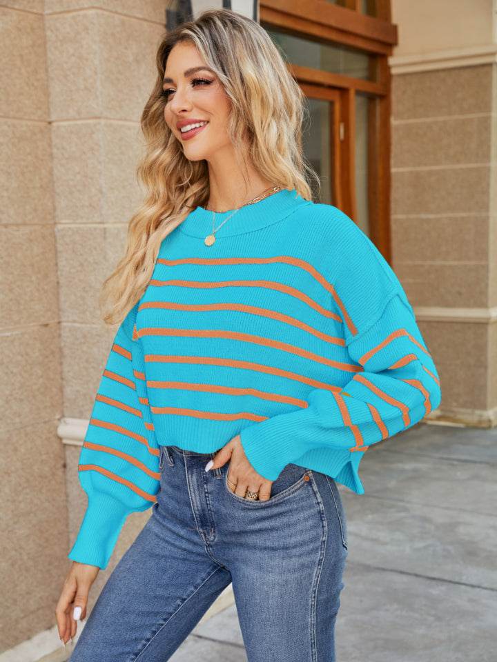 Round Neck Striped Lantern Sleeve Sweater - Delanoir