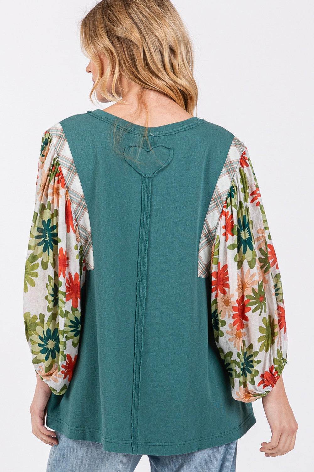 SAGE + FIG Full Size Printed Balloon Sleeve Contrast Top - Delanoir