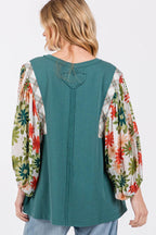 SAGE + FIG Full Size Printed Balloon Sleeve Contrast Top - Delanoir