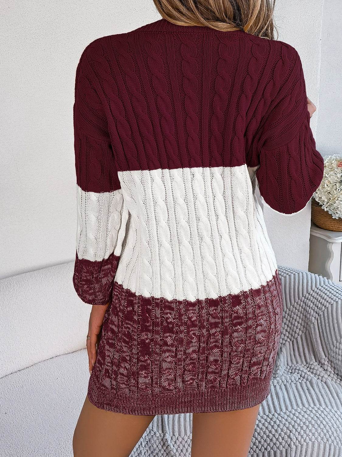 Cable-Knit Round Neck Color Block Sweater Dress - Delanoir