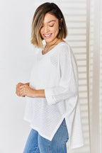 Zenana Full Size Waffle Knit V-Neck Long Sleeve Slit Top - Delanoir