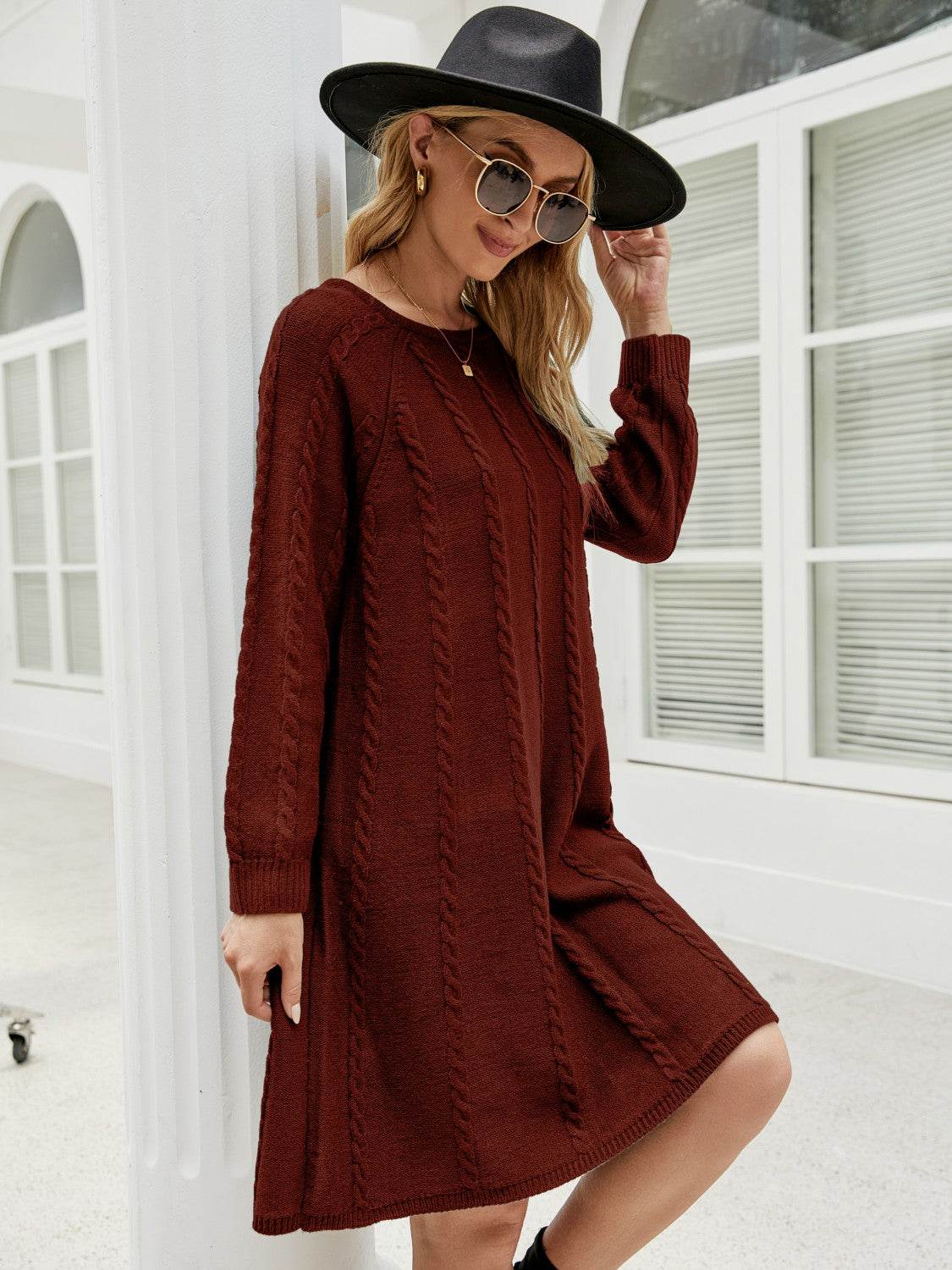 Cable-Knit Long Sleeve Sweater Dress - Delanoir