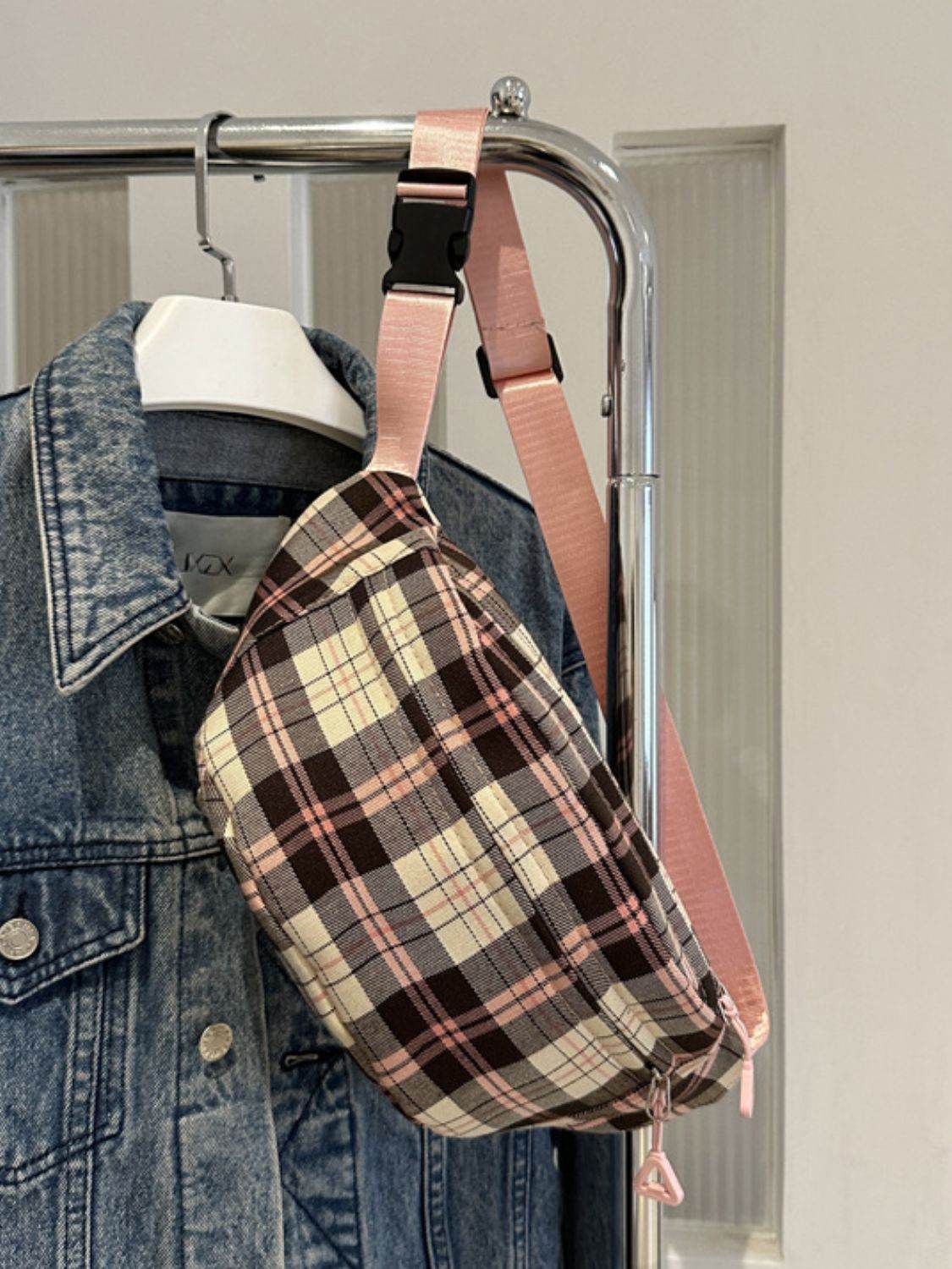Plaid Adjustable Strap Crossbody Bag - Delanoir