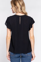 ACTIVE BASIC Ruffle Short Sleeve Crochet Blouse - Delanoir