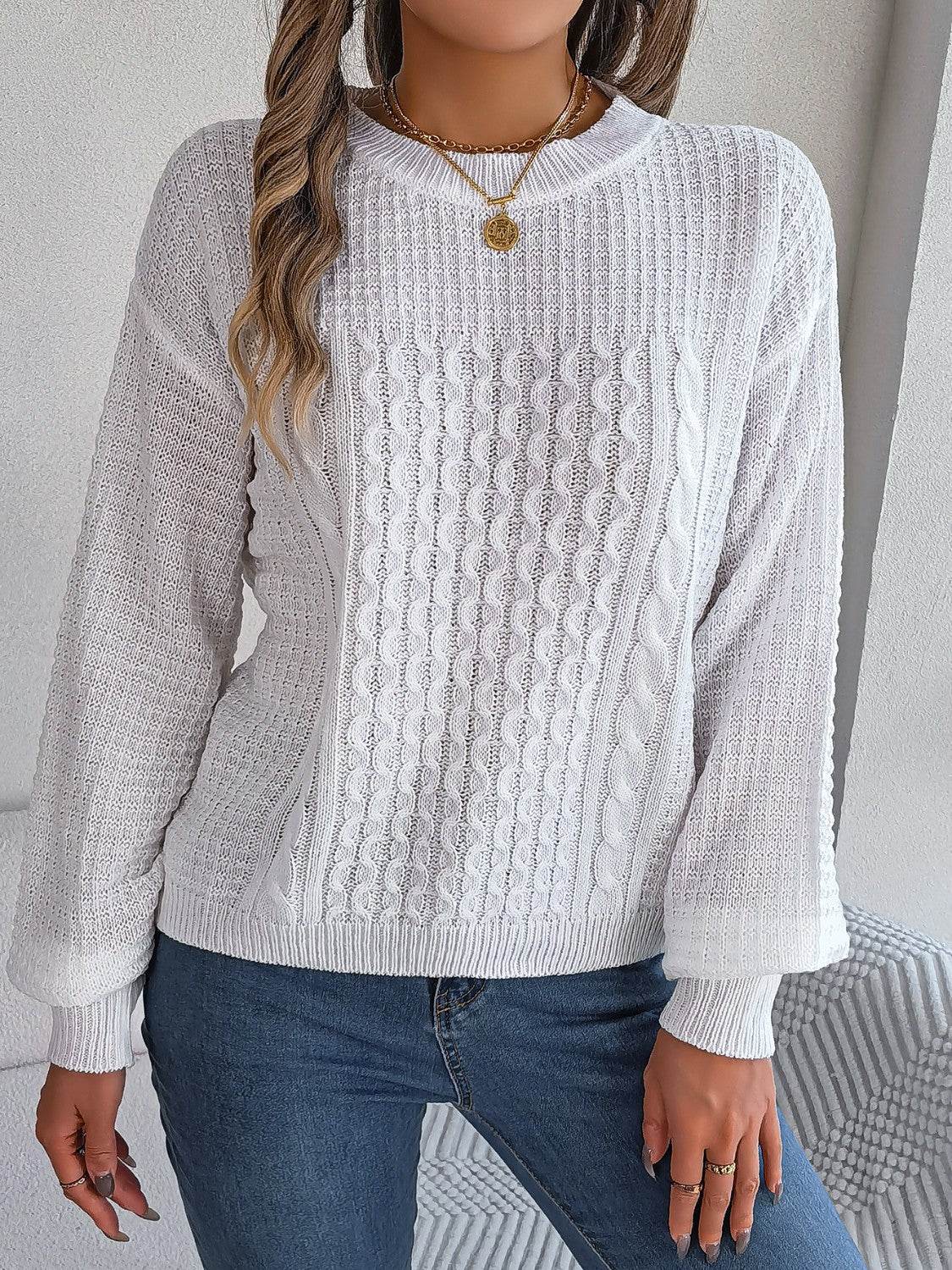 Cable-Knit Round Neck Long Sleeve Sweater - Delanoir
