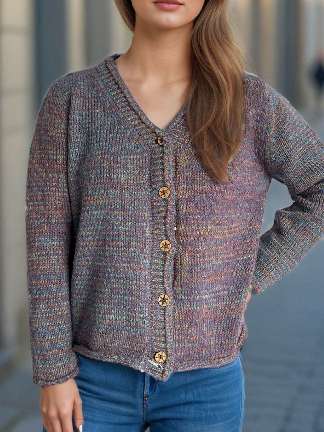 Heathered V-Neck Long Sleeve Cardigan - Delanoir