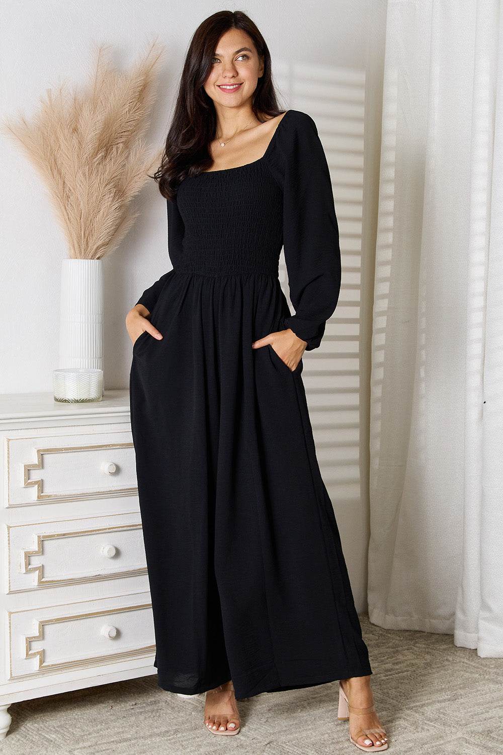 Double Take Square Neck Jumpsuit with Pockets - Delanoir