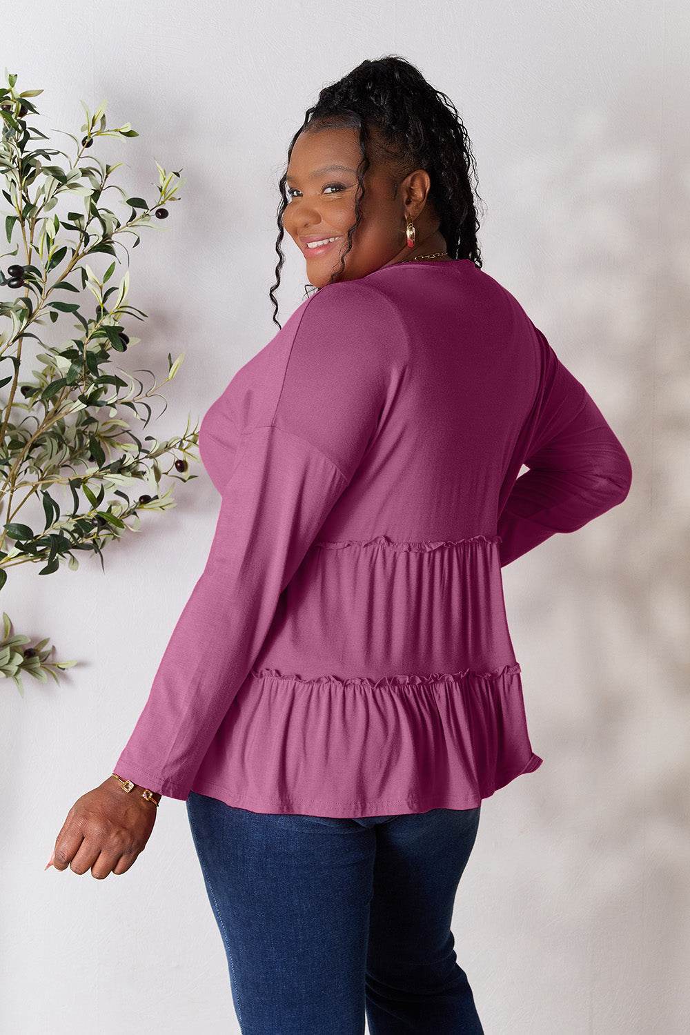 Double Take Half Button Long Sleeve Ruffle Hem Blouse - Delanoir
