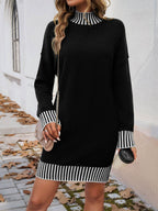 Devine Striped Mock Neck Long Sleeve Sweater Dress - Delanoir