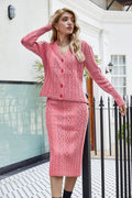 Mixed Knit V-Neck Cardigan and Knit Skirt Set - Delanoir